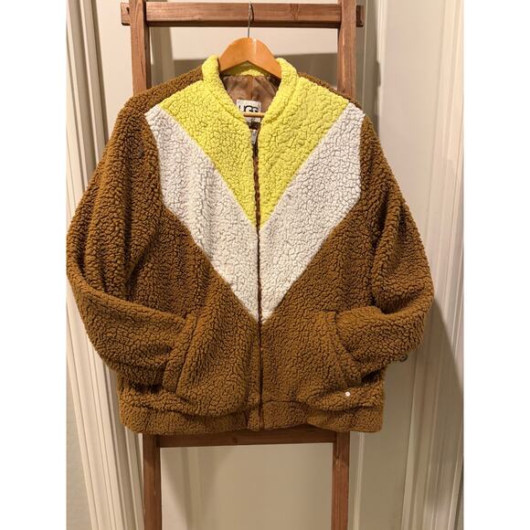 Ugg Collection Jackets & Blazers - UGG Annalise Teddy Bear Sherpa Zip Jacket Colorblock Brown/Yellow/Cream XL
